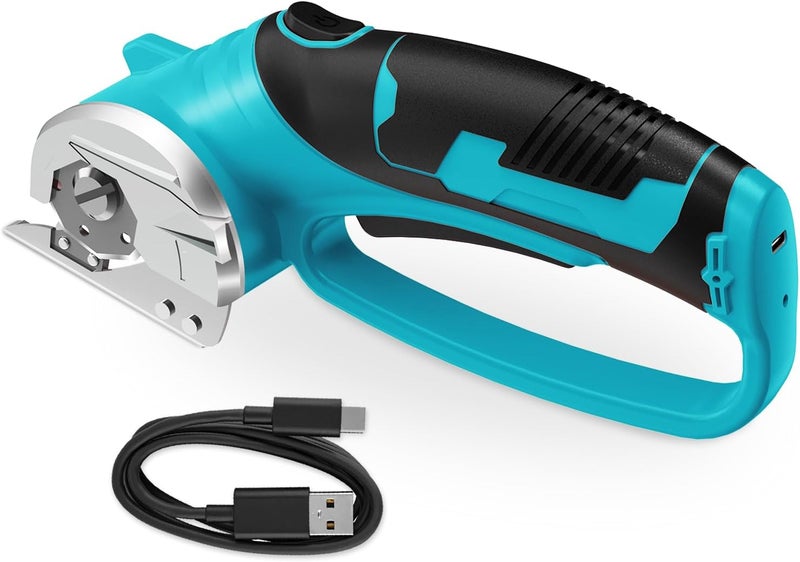Mershca Cordless Electric Scissors, 4V Rechargeable Box Cutter & Cardboard Cutter with Titanium Blade, LED Light, Safety Lock - Rotary Cutter for Fabric, Leather, Carpet, Plastic, Crafting, Sewing(Turquoise) - Image 1